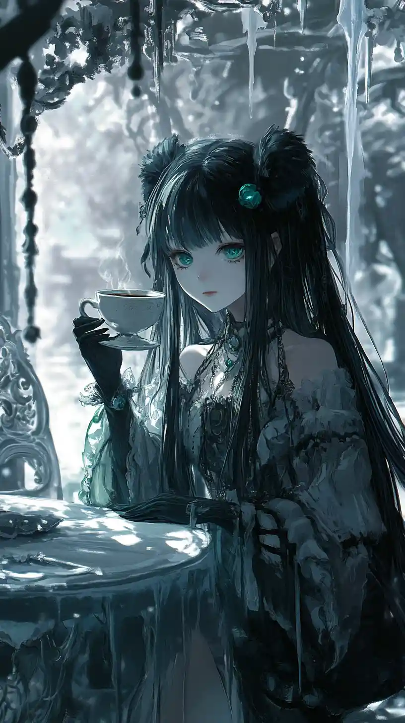 Anime girl drinking coffee at an icy golden table
