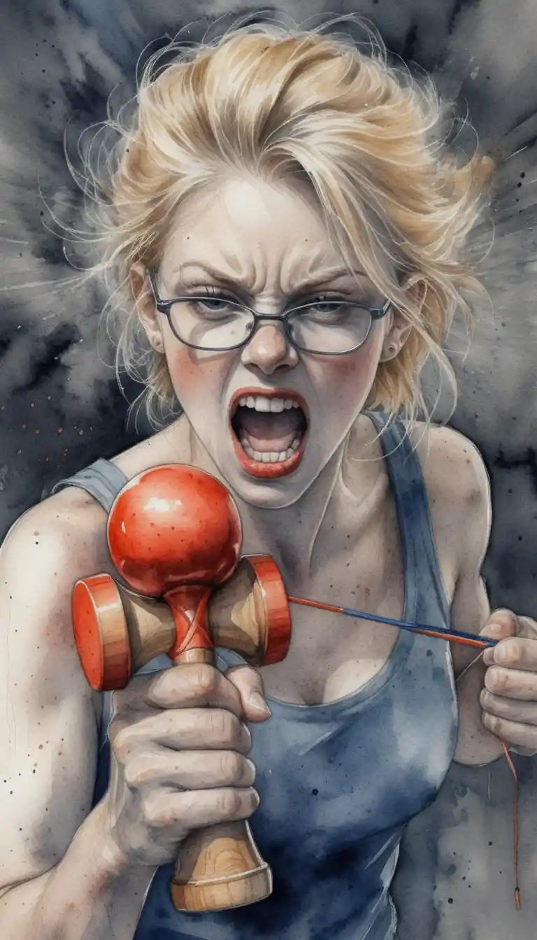 Angry blonde girl struggling with kendama in close up