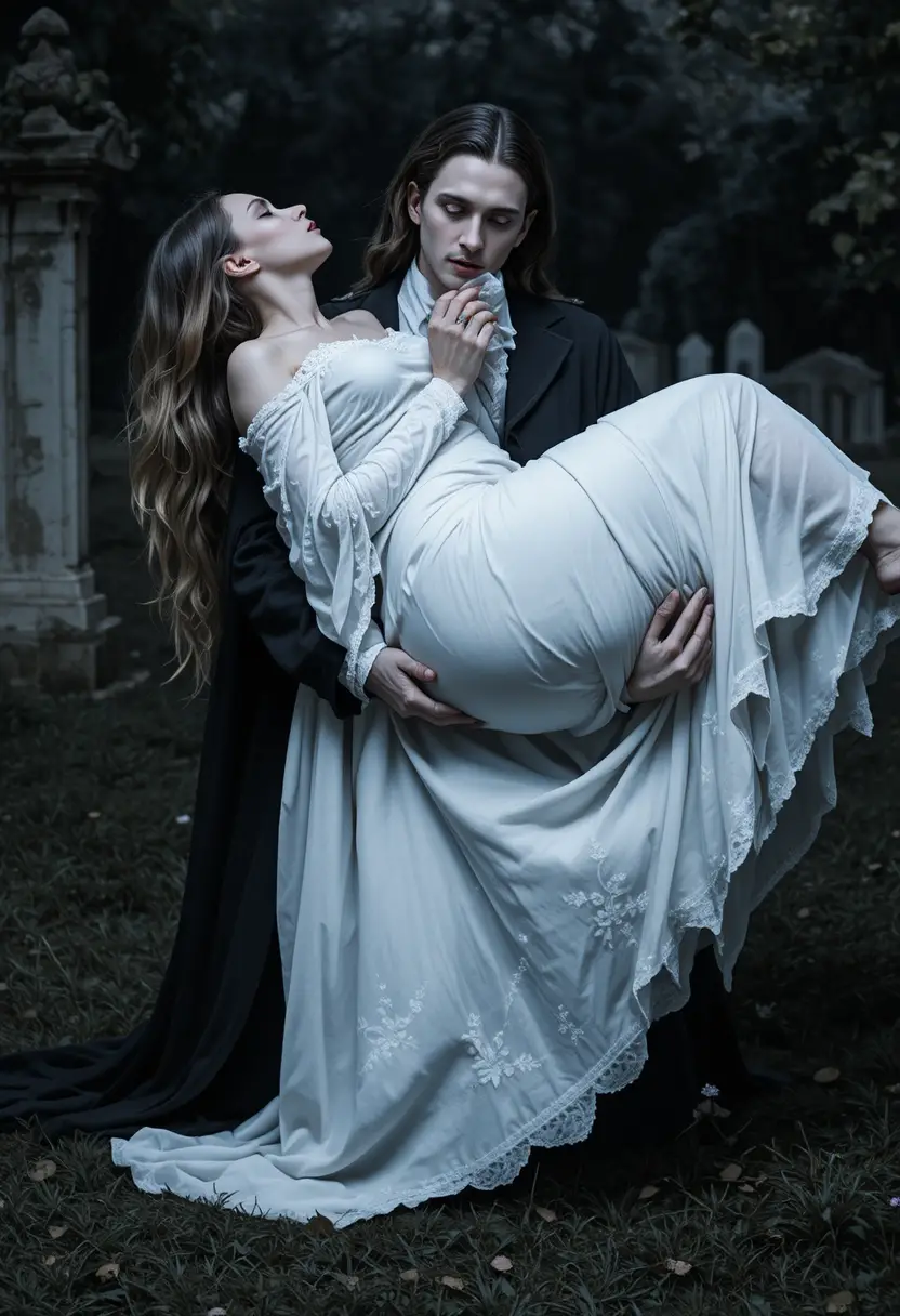 Vampire Carrying Sleeping Woman Through A Night Cemetery