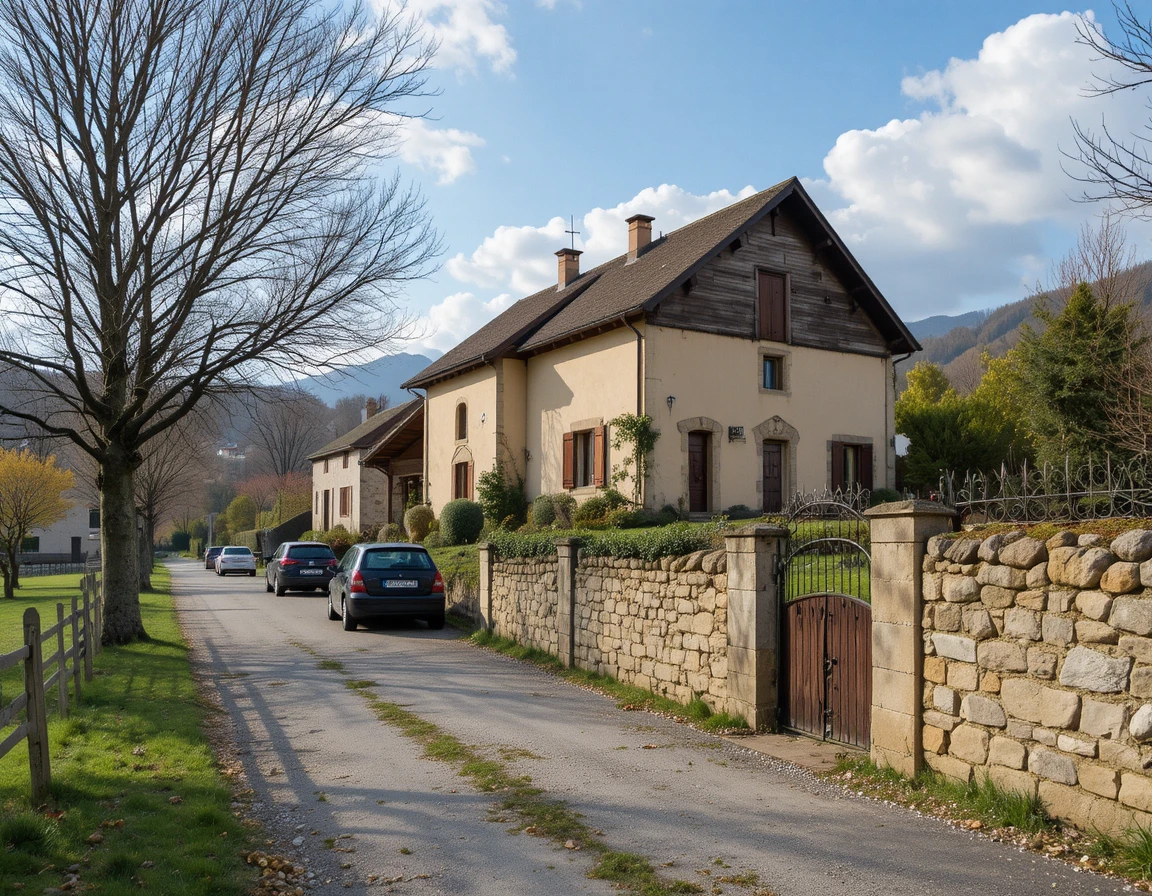 Two storey rural house with driveway and parked cars
