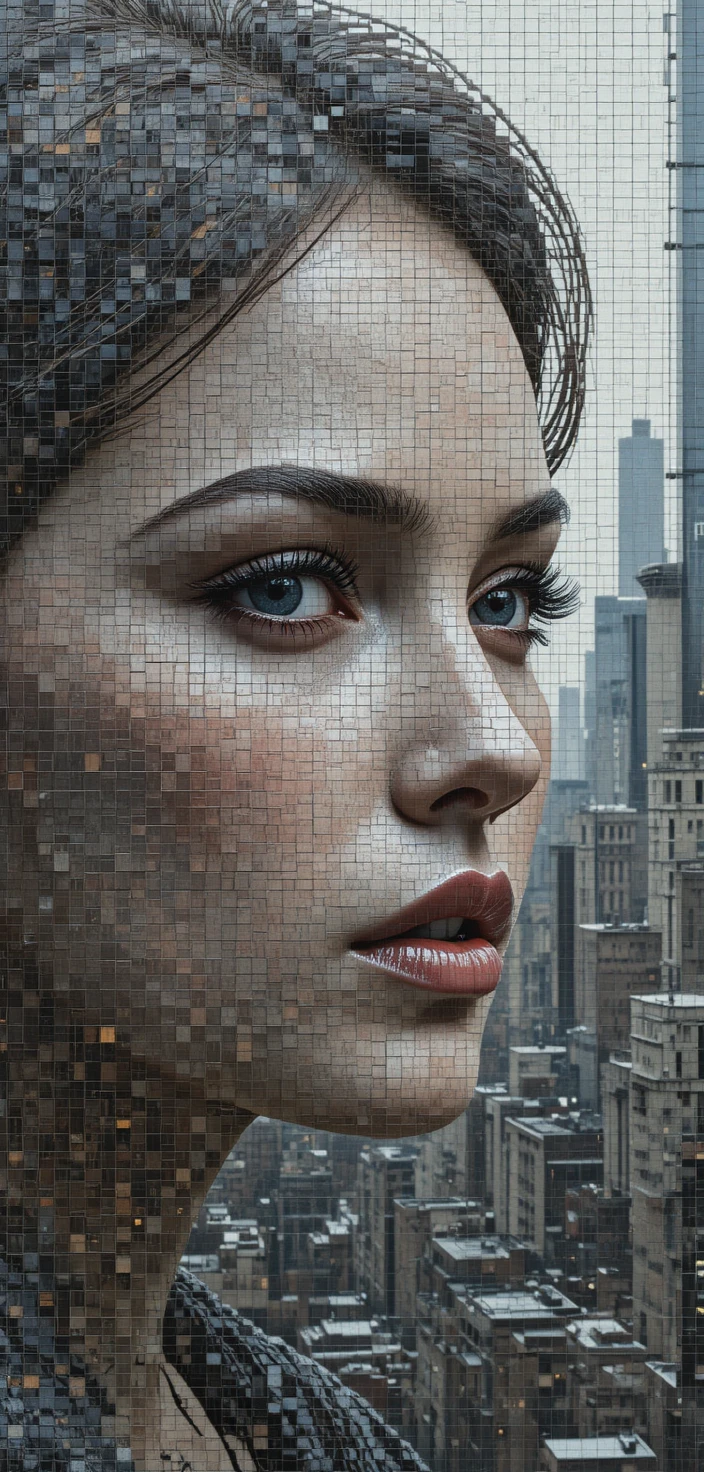 Digital mosaic close up of a woman with city skyline