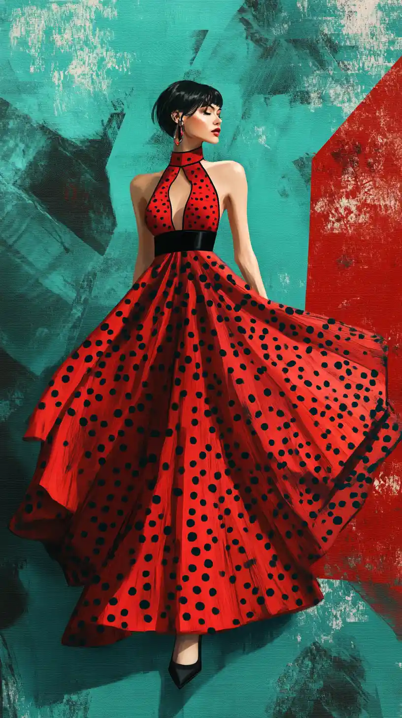 Fashion model in red dress against teal geometric backdrop