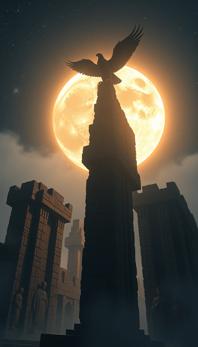 Ancient stone monolith monument beneath a glowing full moon