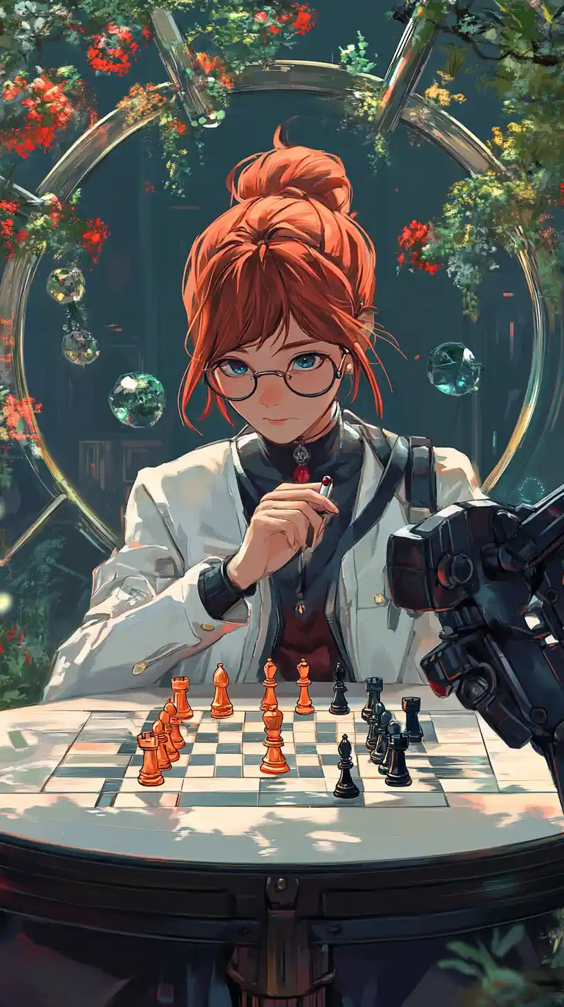 Anime girl playing chess with her mirror reflection