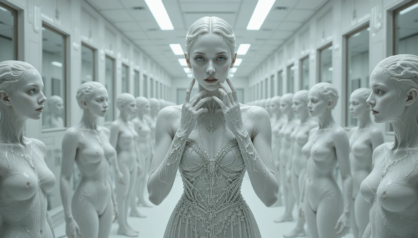 Porcelain woman spreading a plague in an endless mirror gallery