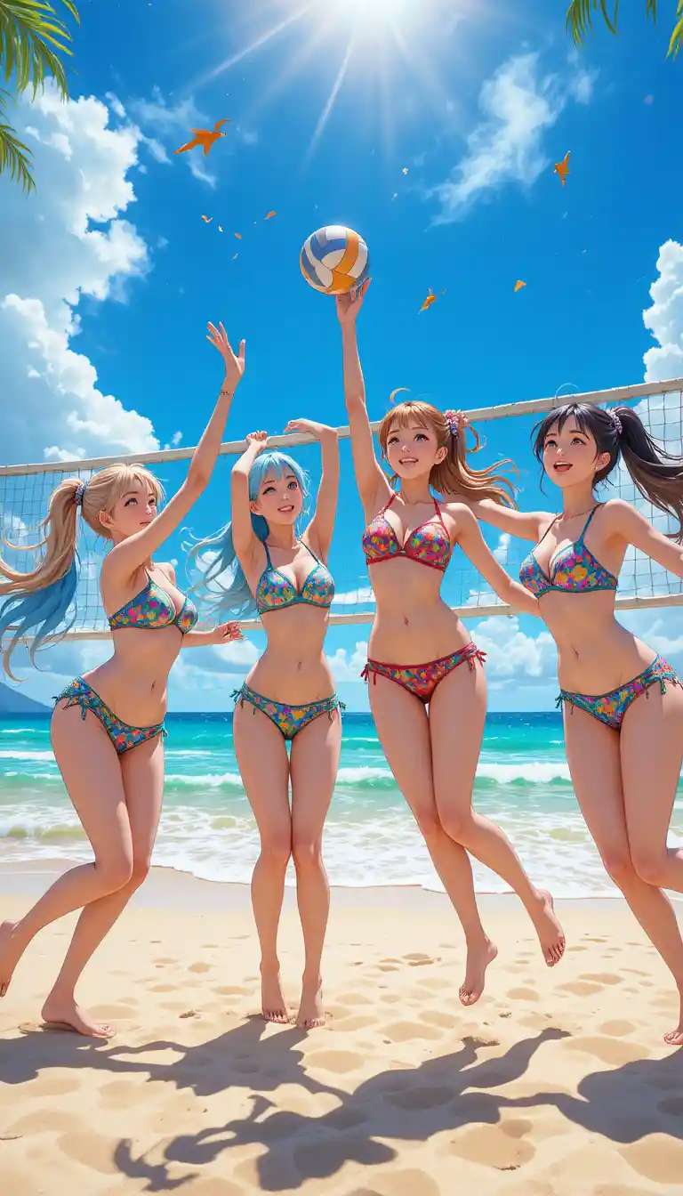 Anime girls playing beach volleyball on a sunny shore