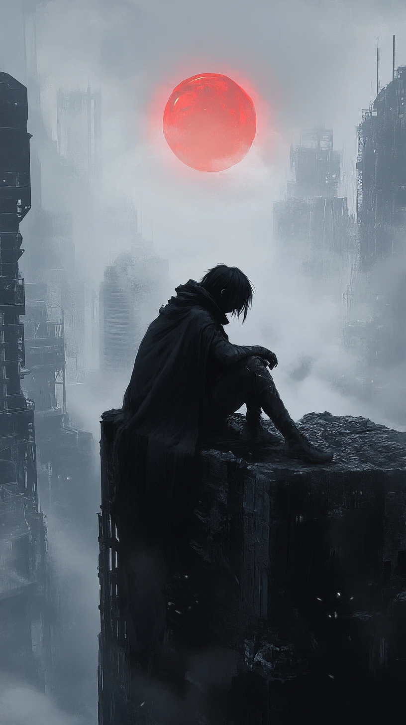 Solitary figure on a ruined rooftop above dystopian city