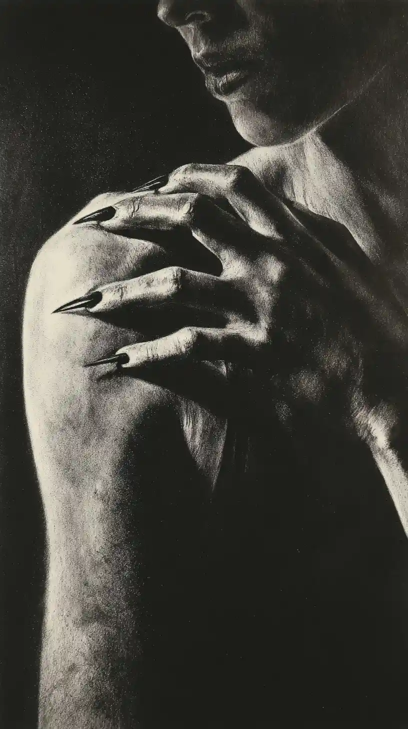 Charcoal close up of claws scraping a bare female back