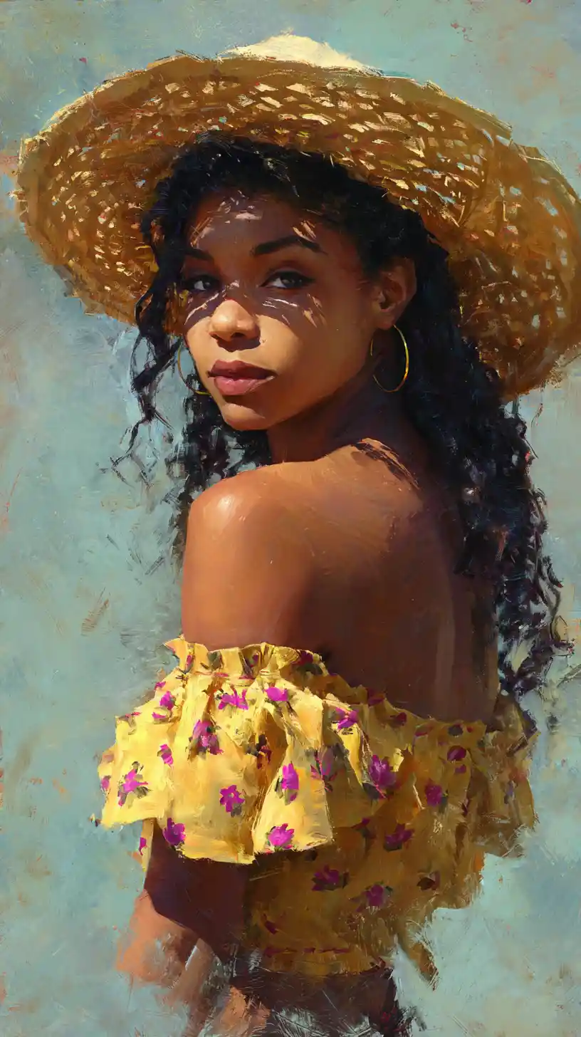 Black woman in straw hat turning over her shoulder