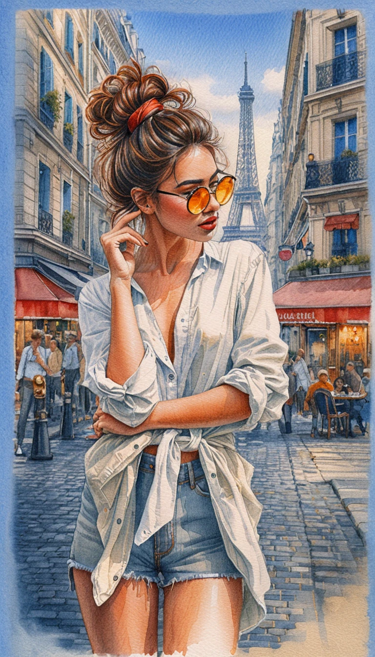 Stilvolle Frau auf Pariser Straße – Buntstiftillustration