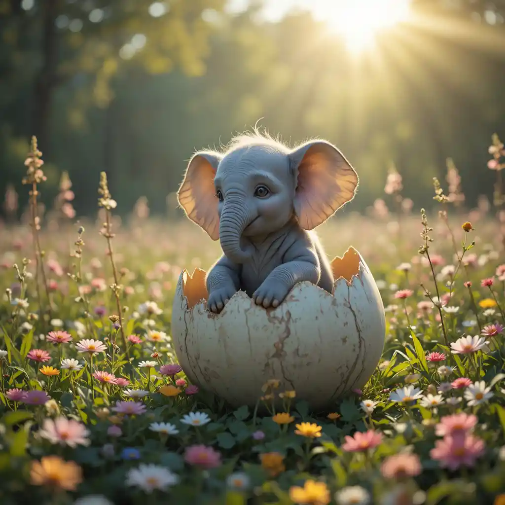Baby elephant hatching from egg in sunny fantasy meadow