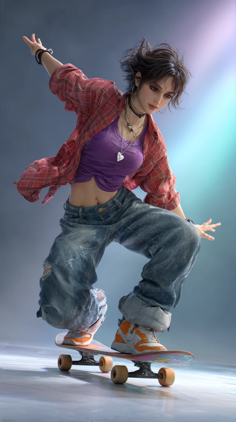 Young woman skateboarding in dynamic low angle full body view