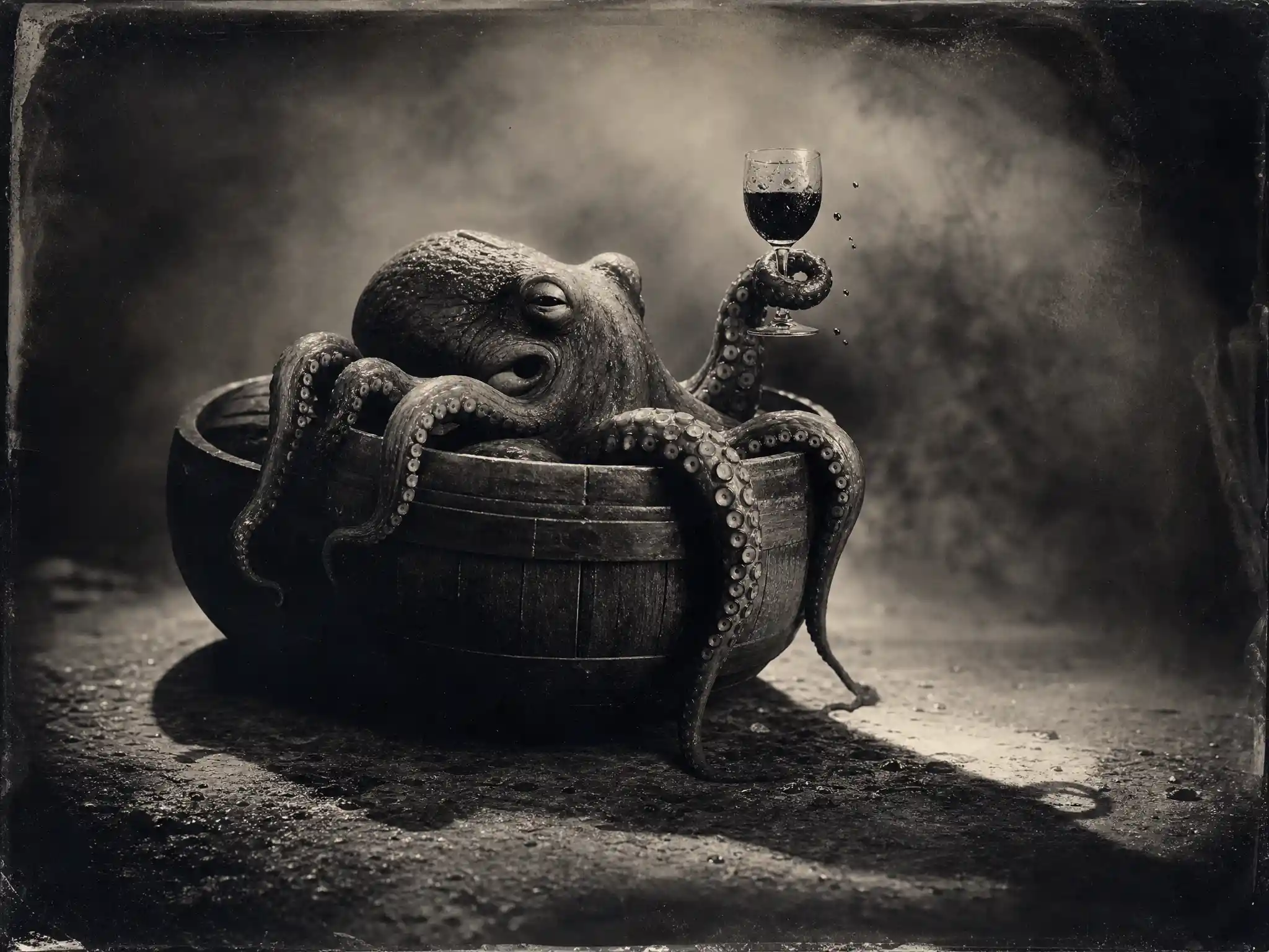 Tipsy octopus relaxing in a wine barrel with glass