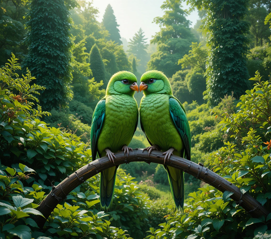Emerald green birds perched together in a lush garden