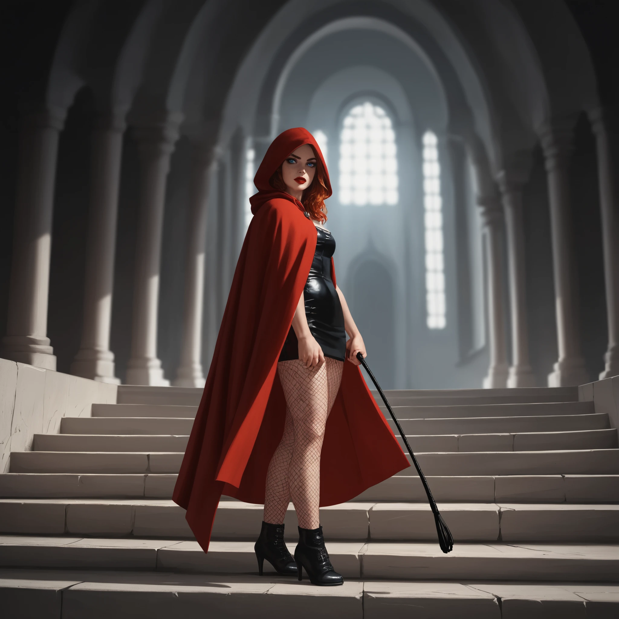 Nordic woman in red cape on torchlit castle stairs