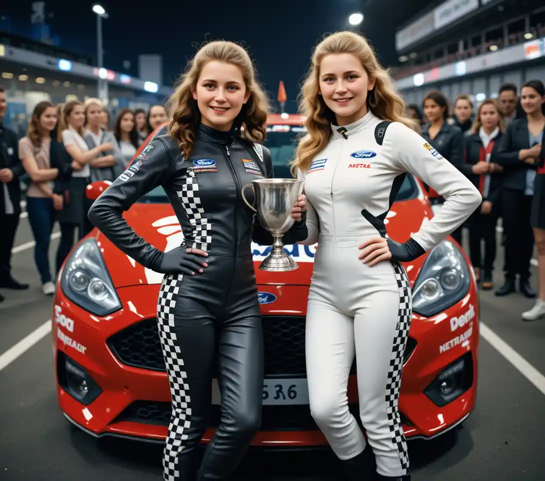 Two racing girls posing in checkerboard leather overalls