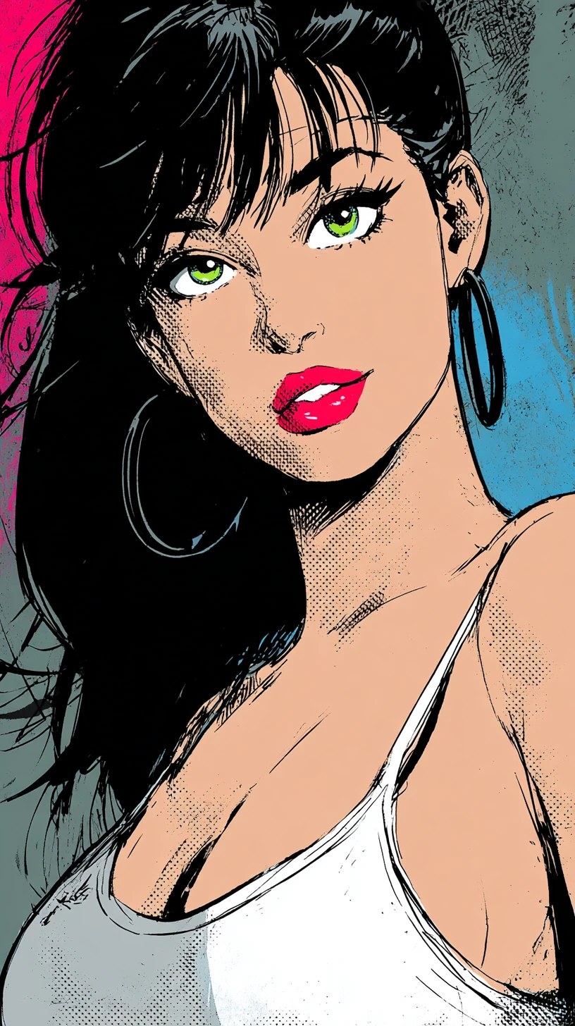Playful comic portrait of a girl with green eyes