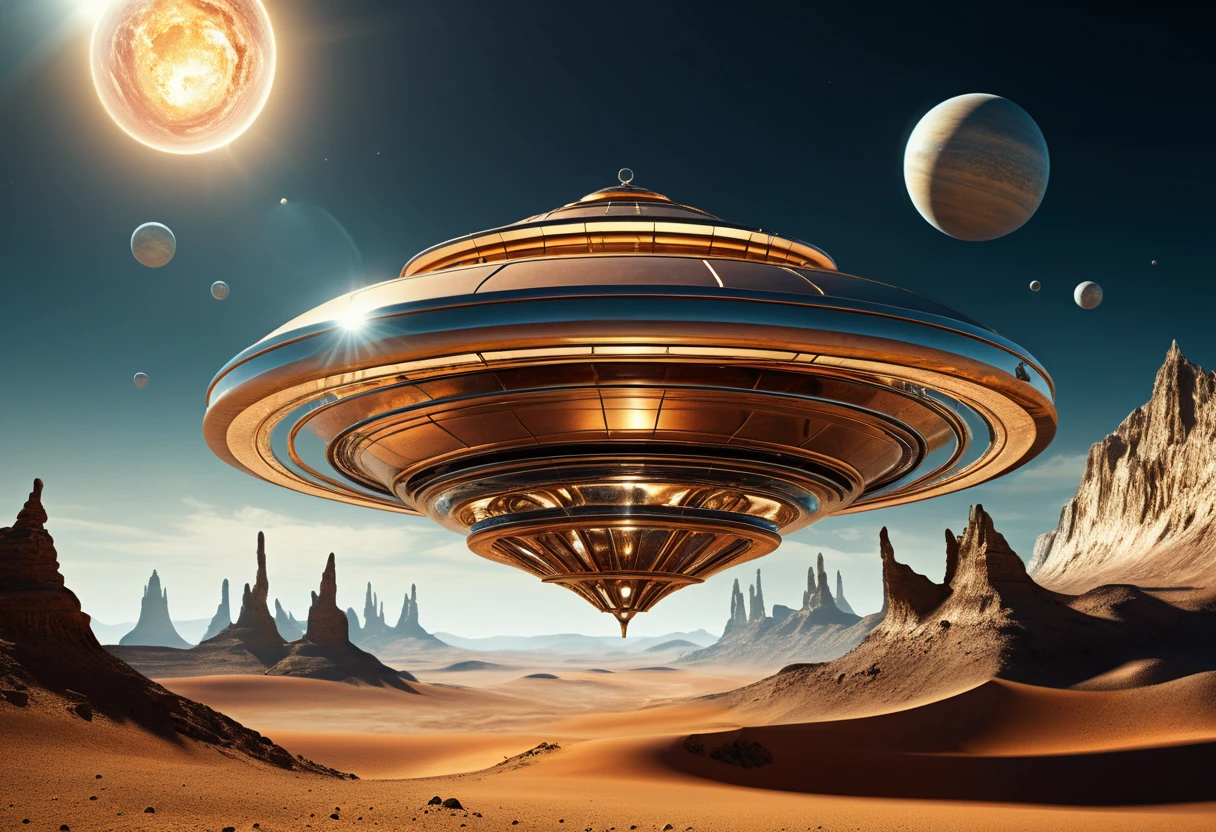 Elegant alien spacecraft hovering above a mysterious planet