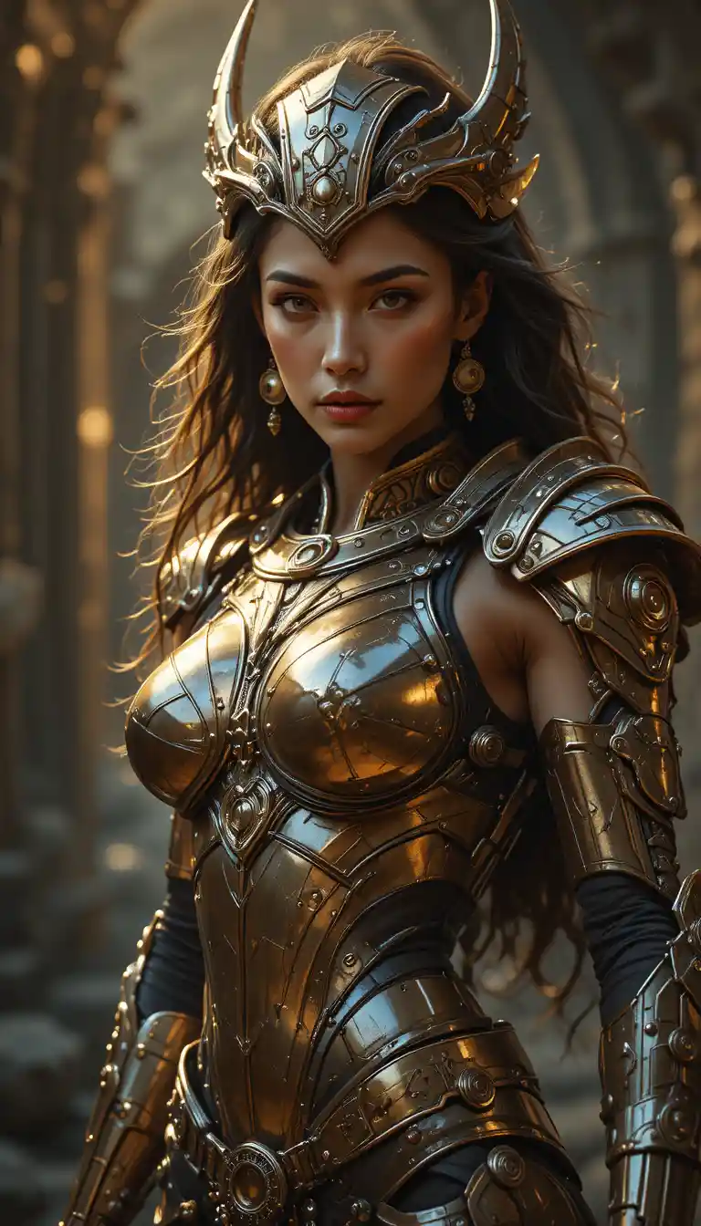 Alien warrior queen in advanced technological armor