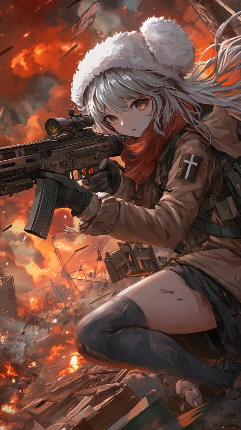 Anime girl aiming a rifle in a ruined war zone