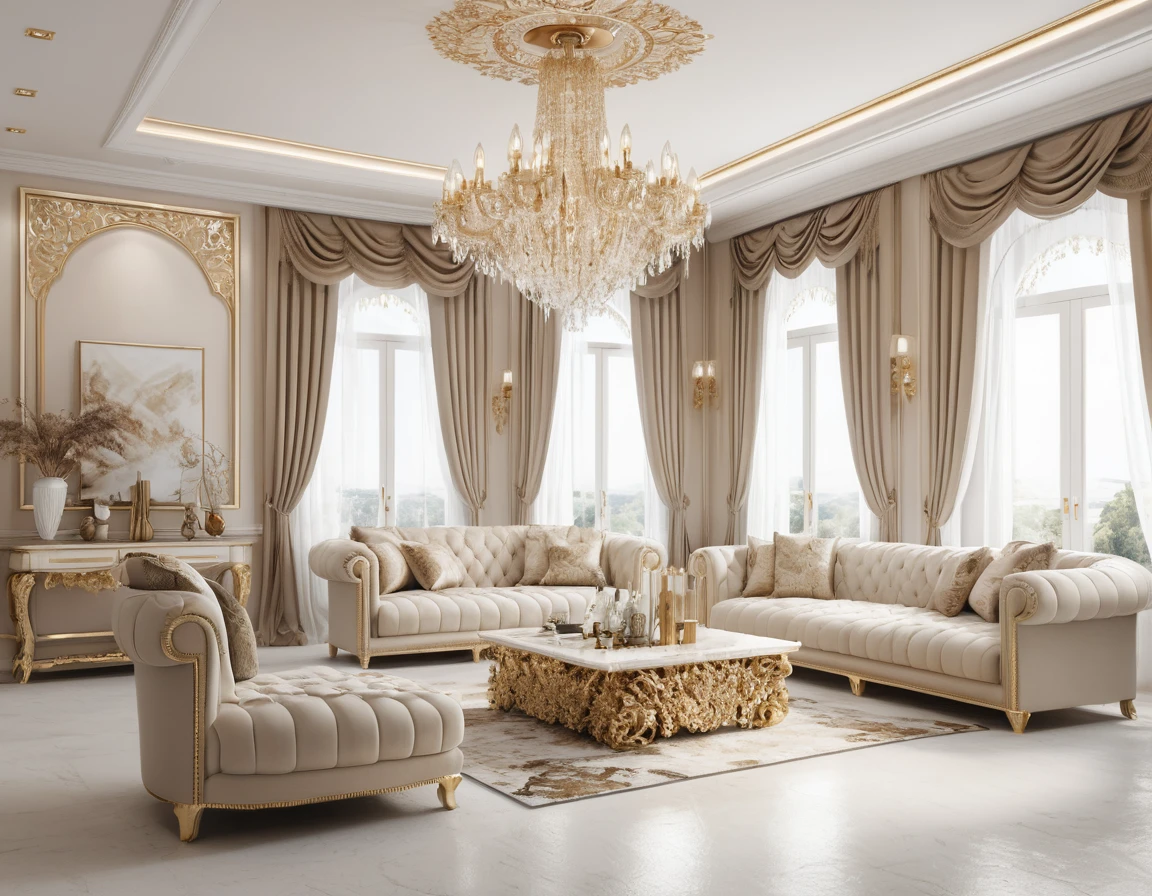 Elegant bohemian style living room in creamy beige tones