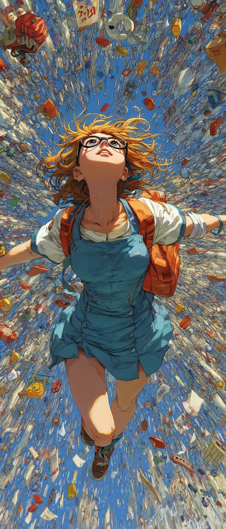 Escolar de anime saltando entre objetos coloridos en espiral