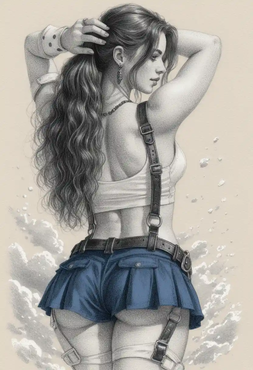 Fit woman adjusting her curly hair in profile view