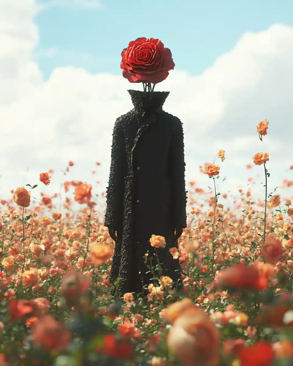 Humanoid rose figure in a black coat in flower field