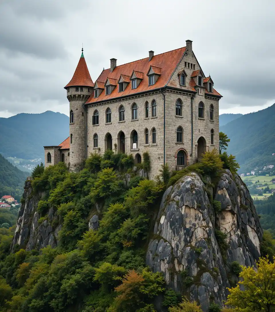 Medieval stone castle on rocky peak above green valley
