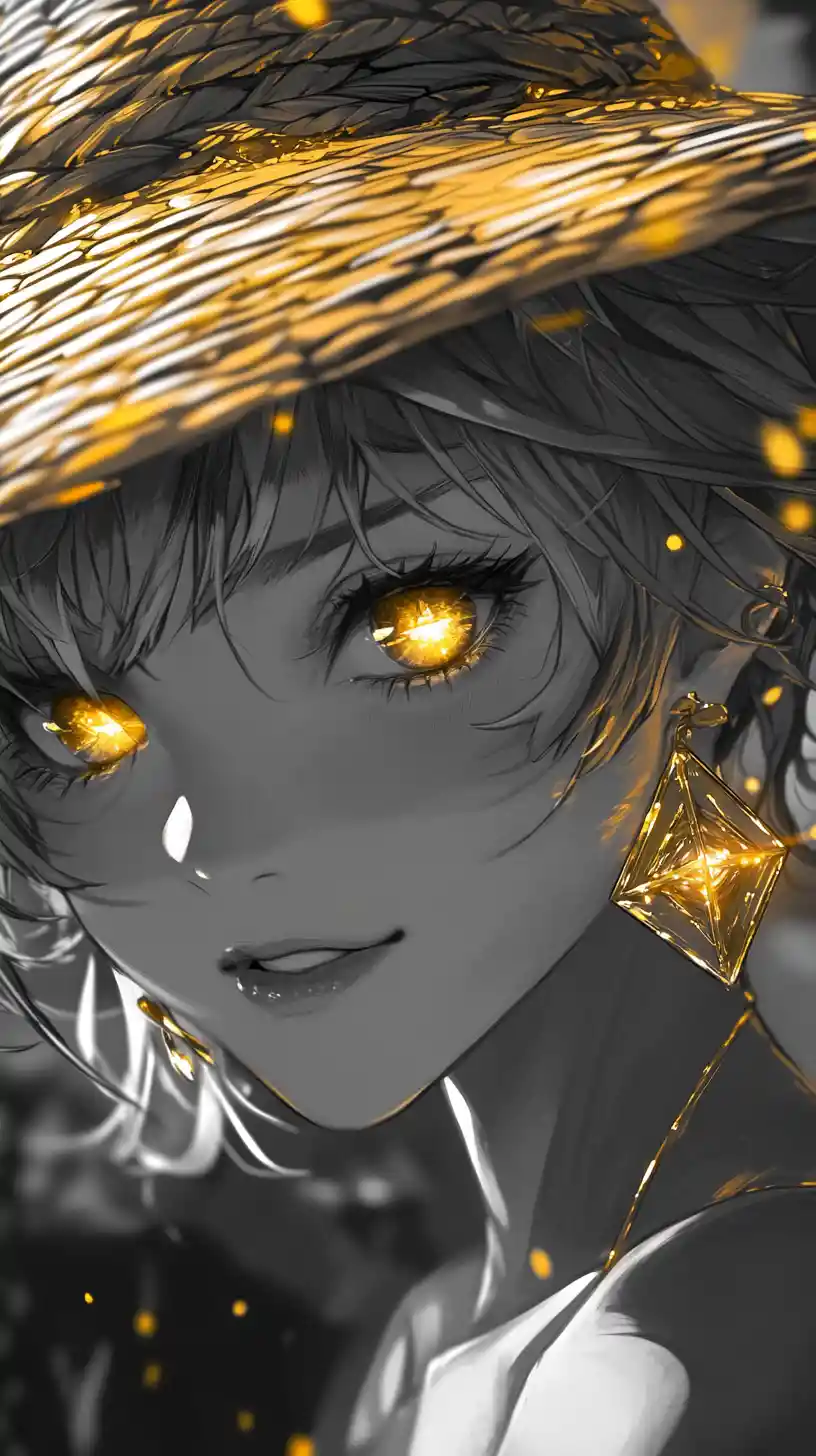Anime girl winking in monochrome with glowing golden eye