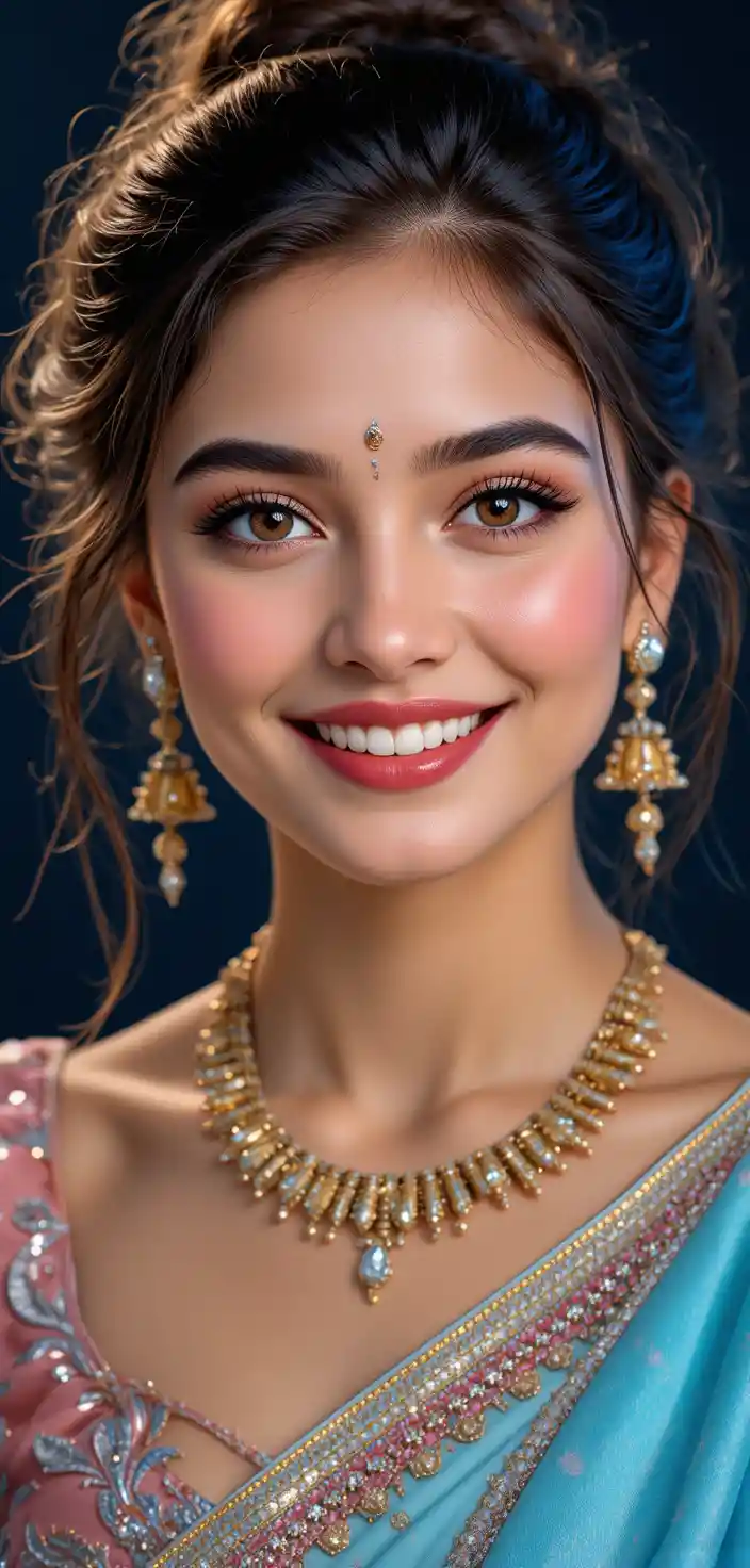 Joyful Indian girl portrait in blue saree on beach