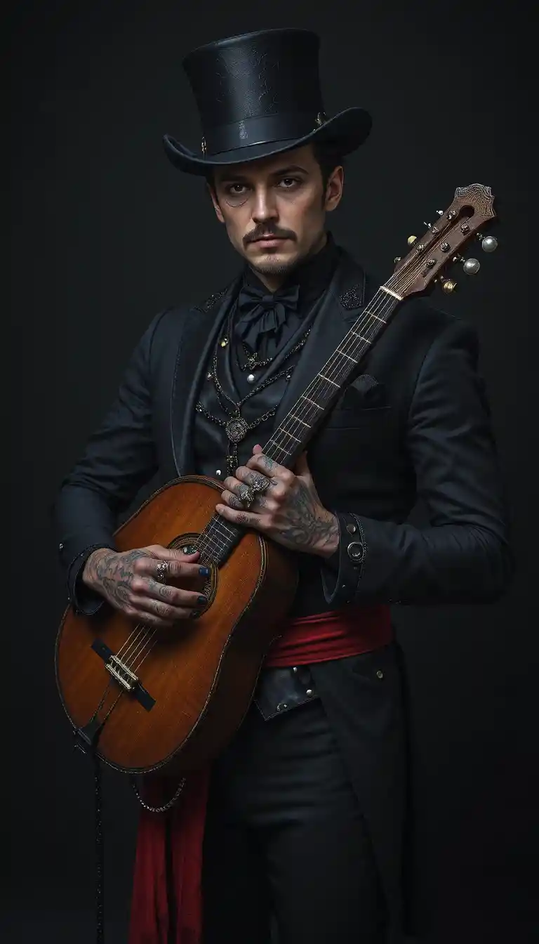 Gothic steampunk man with lute in dark formal attire
