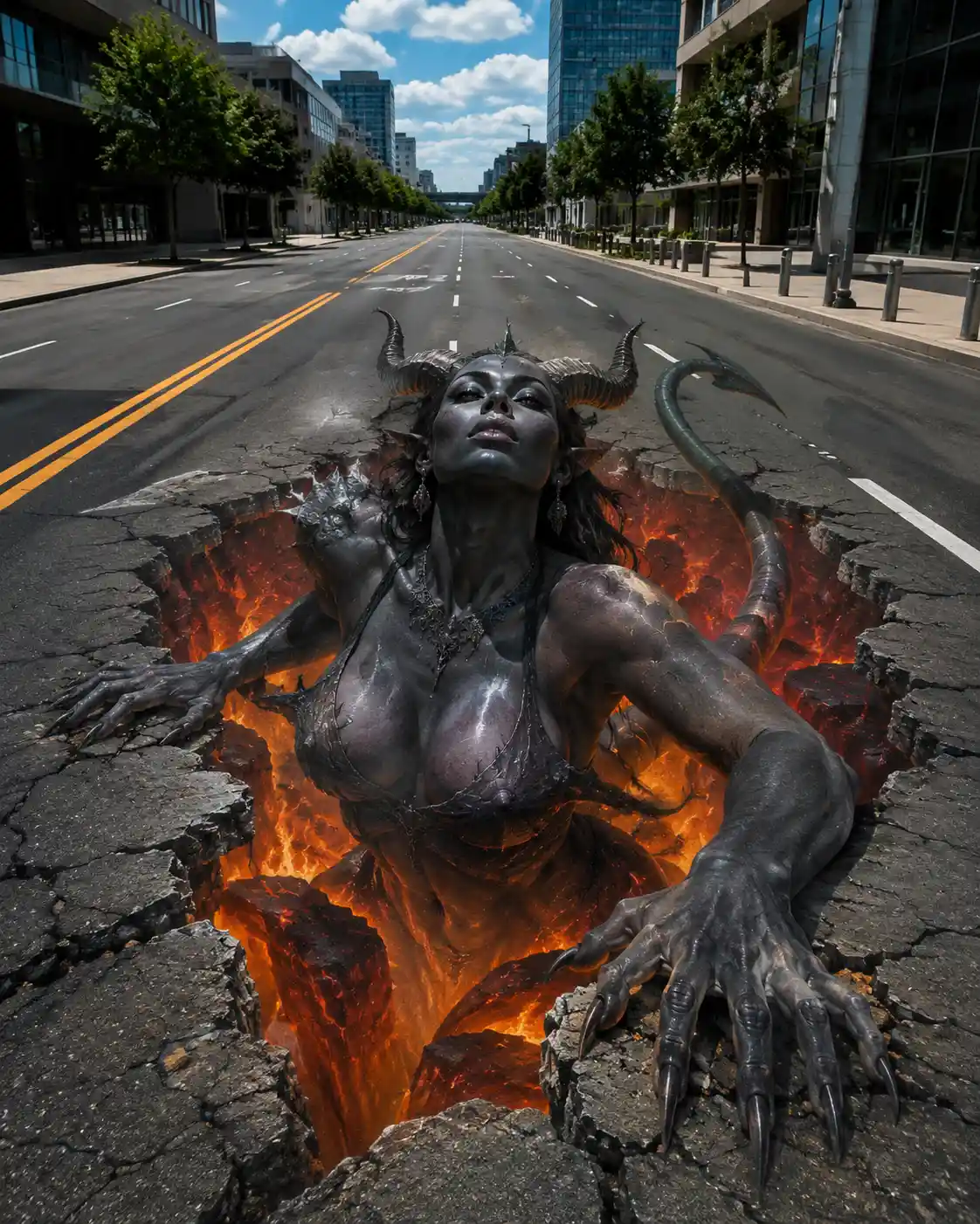 3D street art demon woman emerging from city asphalt