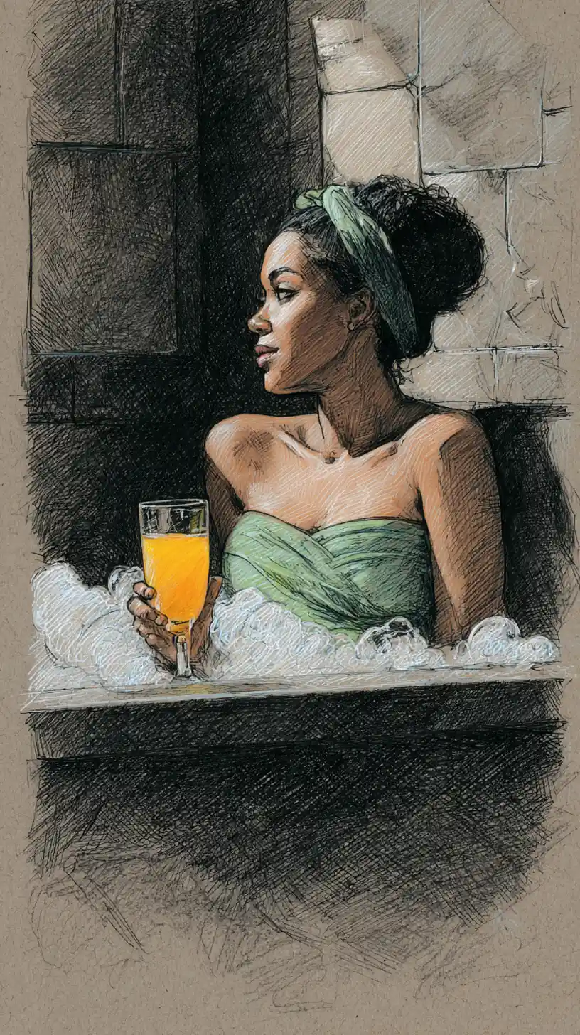 Thoughtful black woman relaxing in a foamy bathtub