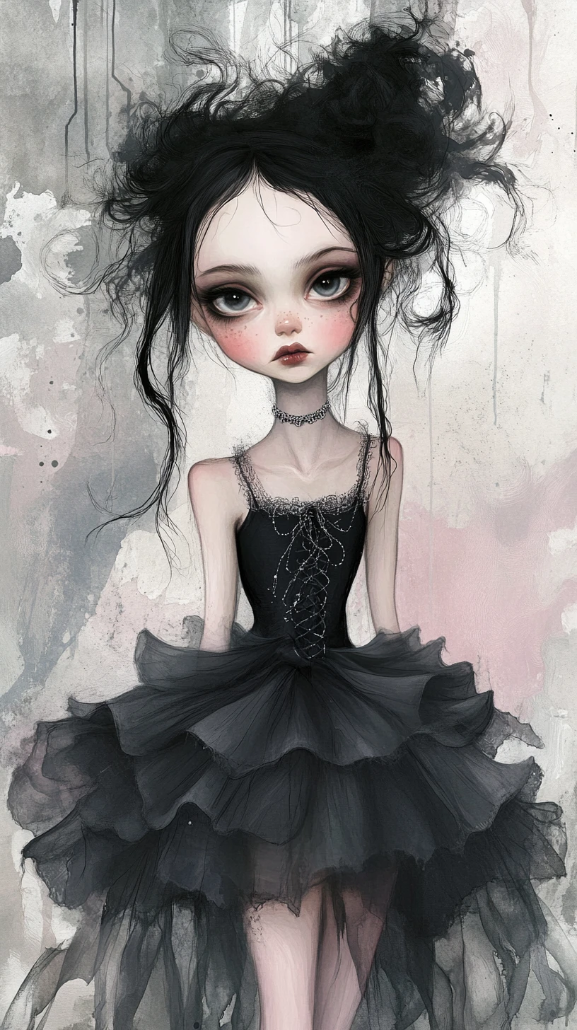 Gothic girl in black tulle against dreamy watercolor background