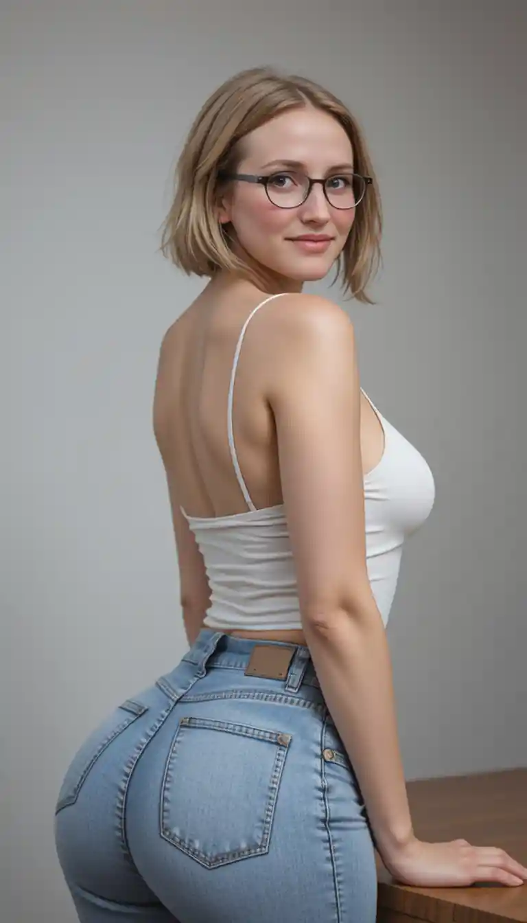 Curvy blonde woman in tank top leaning over table