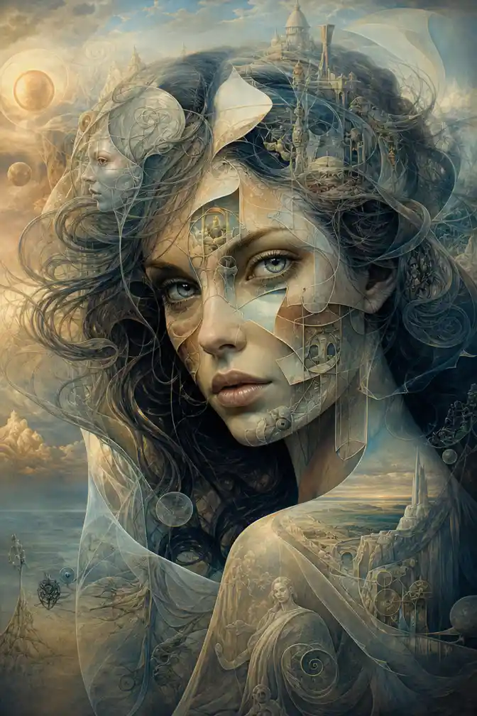 Surreal portrait of an elegant woman in fragmented dreamlike forms
