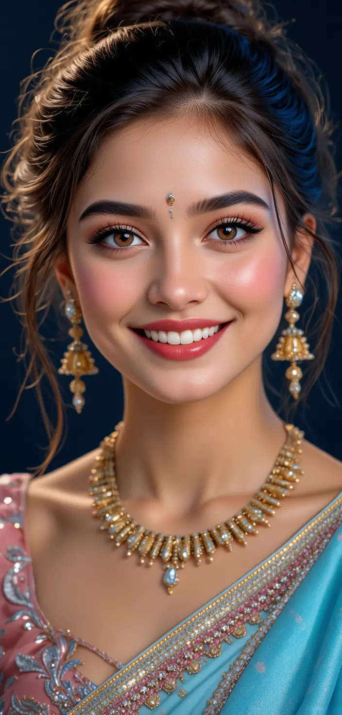 Joyful Indian girl portrait in blue saree on beach