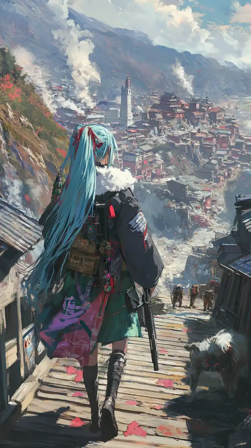Anime girl with rifle on wooden bridge in war zone