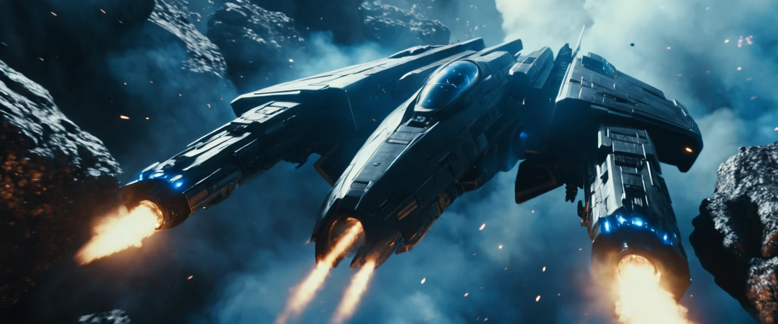 Futuristic Space Fighter Dodging Asteroids At Extreme Speed