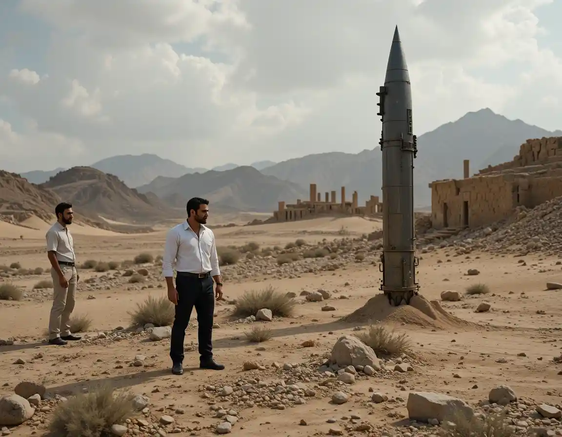 Two men in a barren desert with a buried missile