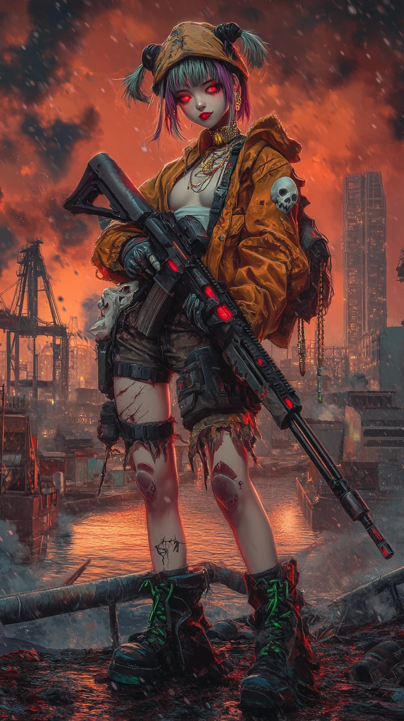 Anime girl with rifle in a burning urban war zone