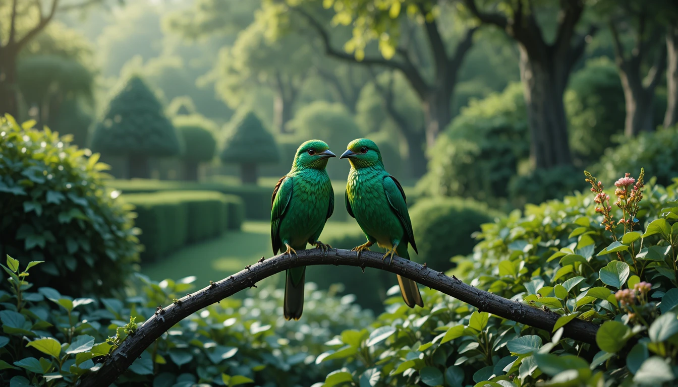 Pair of emerald birds on a branch in a garden