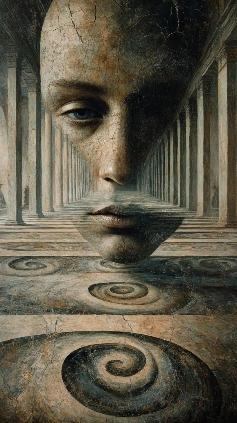 Surreal regal woman with face opening into empty palace hall