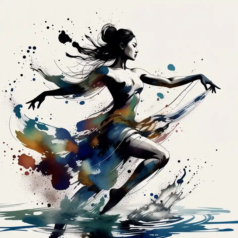 Graceful chinese woman dancing in flowing ink and light