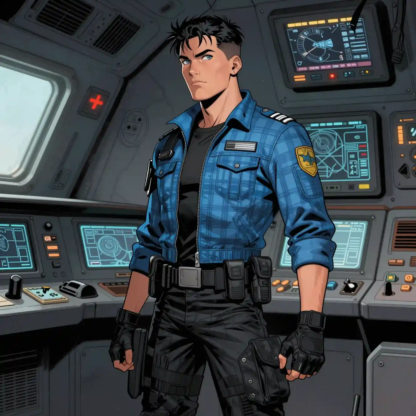 Männlicher Pilot in blauer Jacke im dunklen Raumschiff-Cockpit