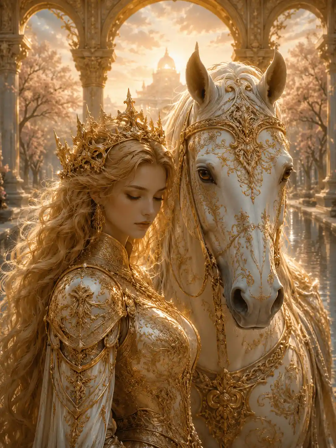 Golden armored queen mirrored in porcelain stallion