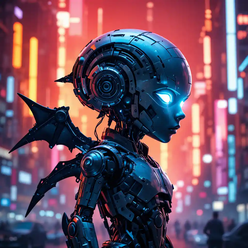 Futuristic cyborg profile with neon city background