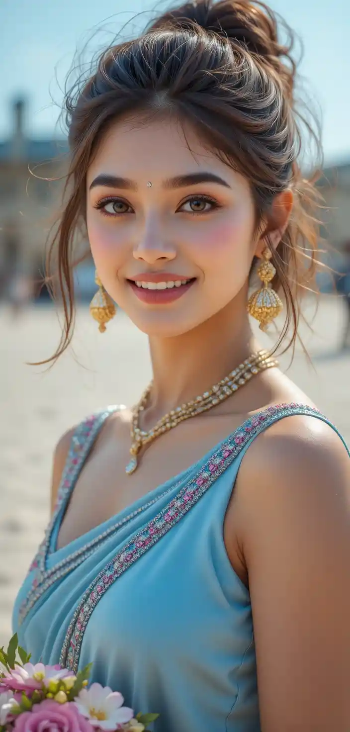 Joyful Indian girl portrait on the beach in satin saree