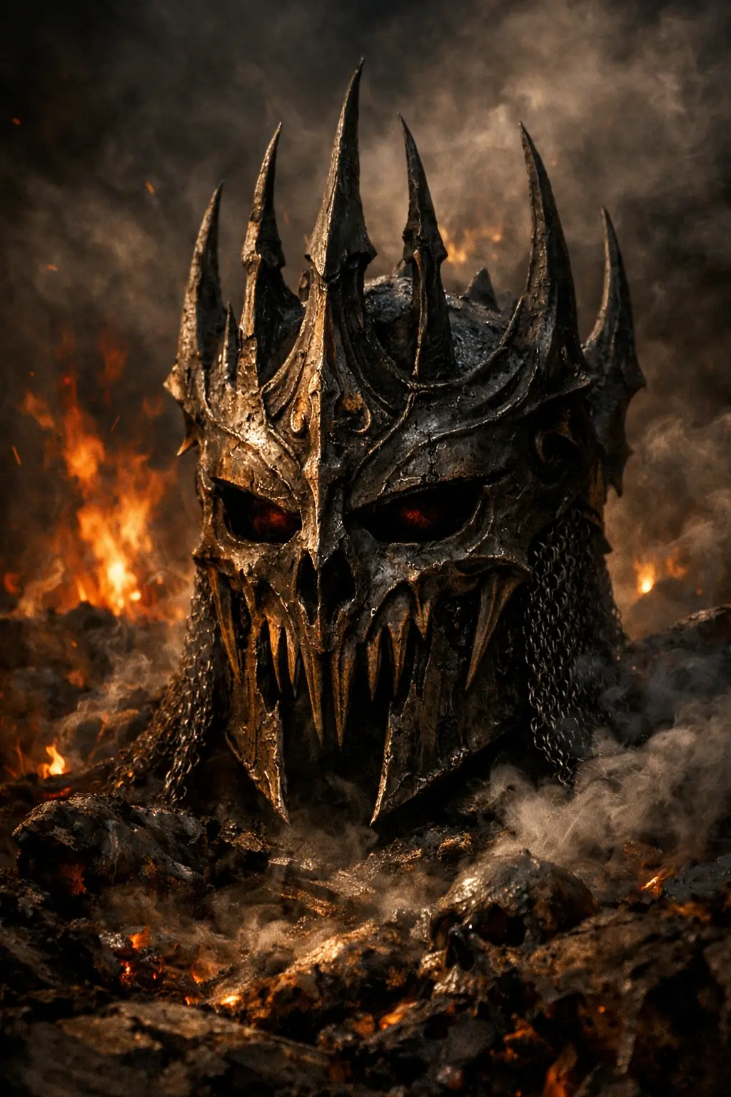 Ominous Helm Of Darkness In Fiery Smoky Hellscape